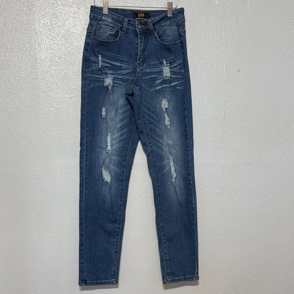 Lucky & Blessed Mid Rise Distressed Boyfriend Jeans Blue Denim Size 4 Ripped L&B